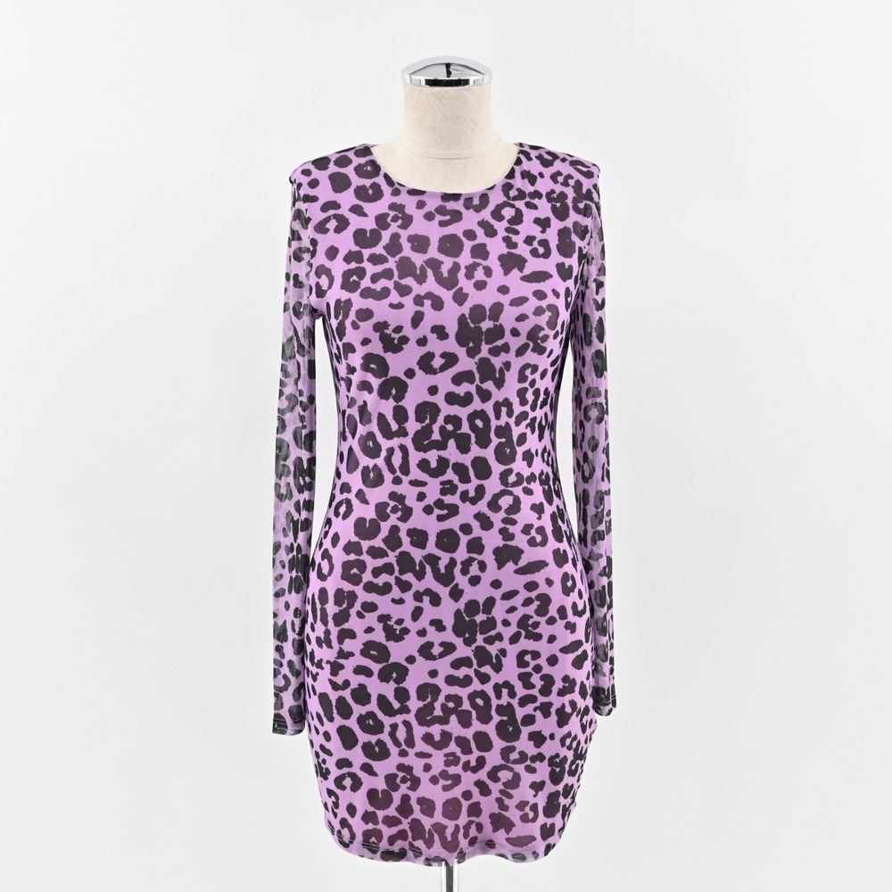 Lovers & Friends Sasha Mini Dress Size S Purple Black Leopard Print Long Sleeve